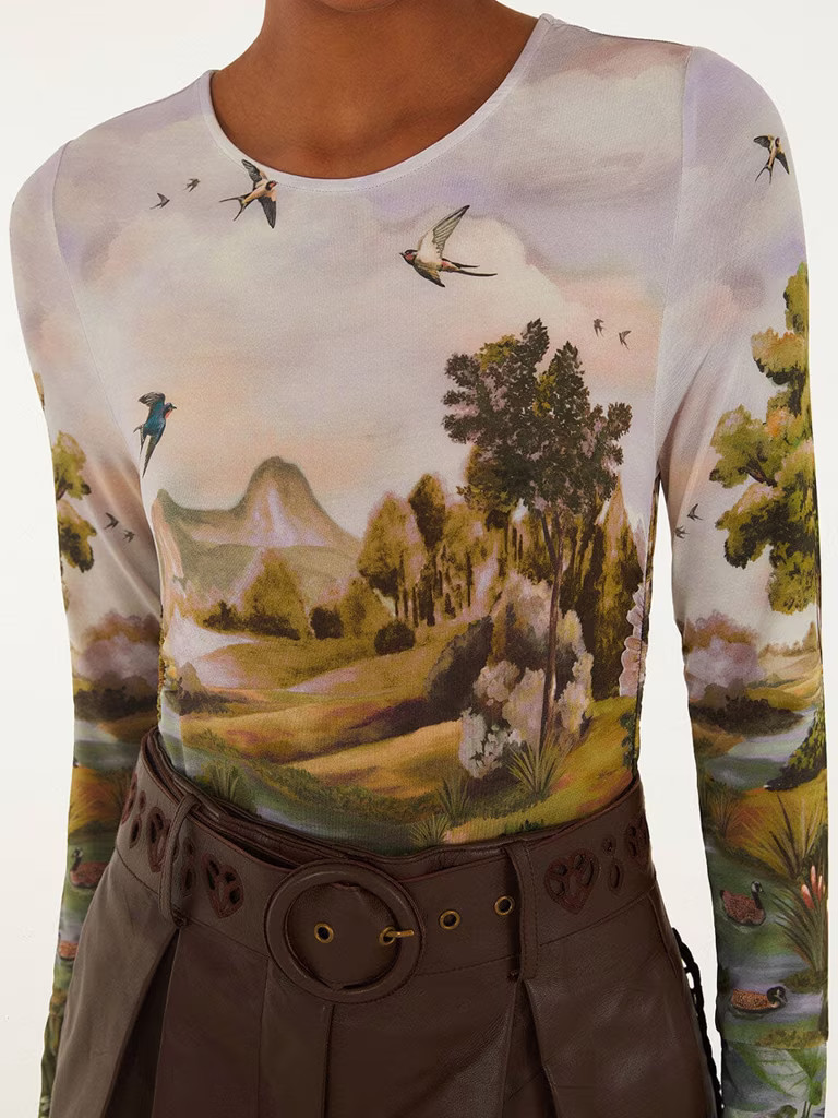 Farm Rio Countryside Landscape Long Sleeve Blouse