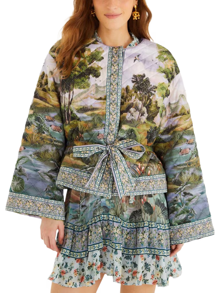 Farm Rio Multicolor Countryside Landscape Quilted Kimono Jacket